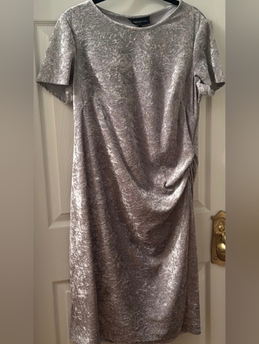 Jones New York Silver Crushed Velvet Short Sleeve Ruched Midi Dress, Sz 6! 🍁